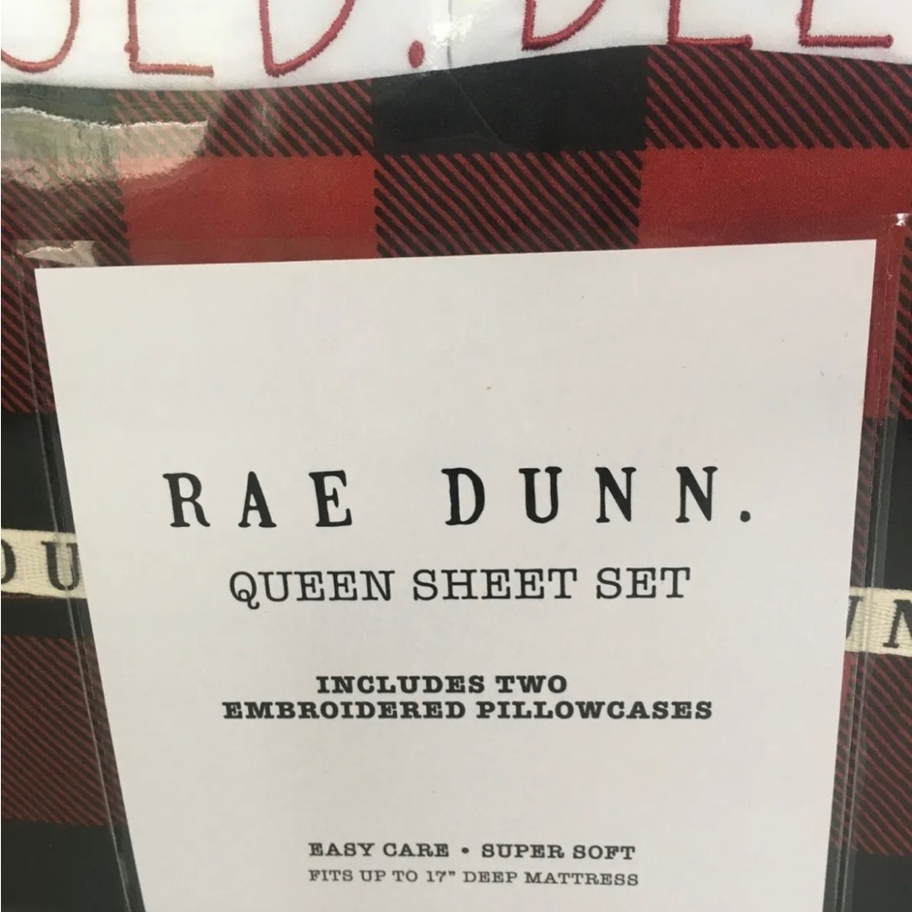 Rae Dunn BLESSED queen Sheet Set w Pillow Cases Buffalo Plaid Red Christmas - Picture 2 of 4